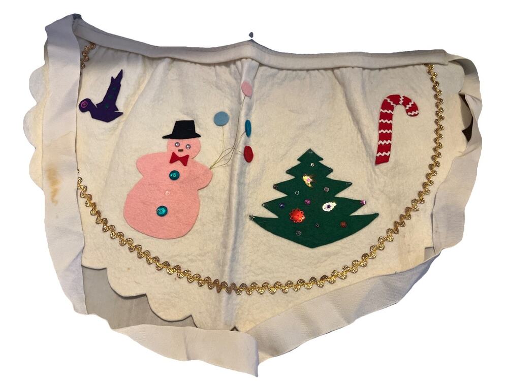 Vintage Snowman Felt Christmas Apron – Sequined Cut-Out Holiday Retro Kitsch